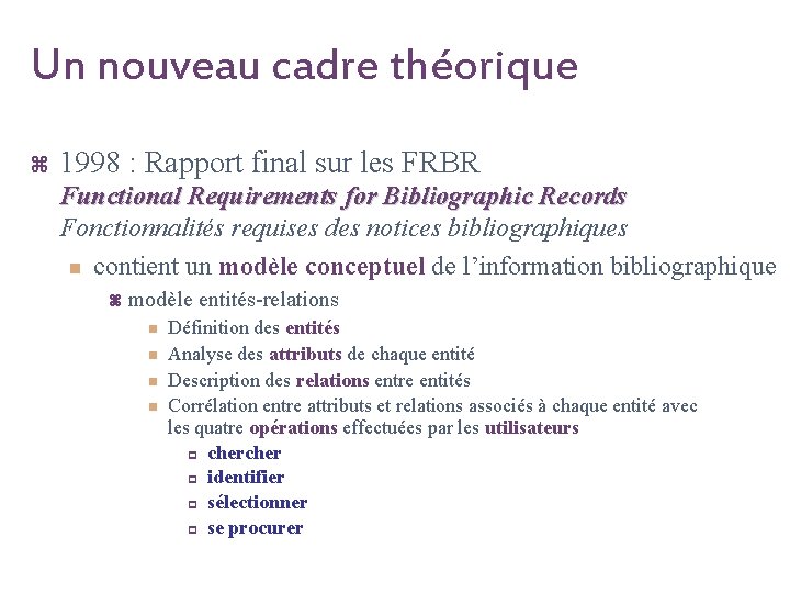 Un nouveau cadre théorique z 1998 : Rapport final sur les FRBR Functional Requirements