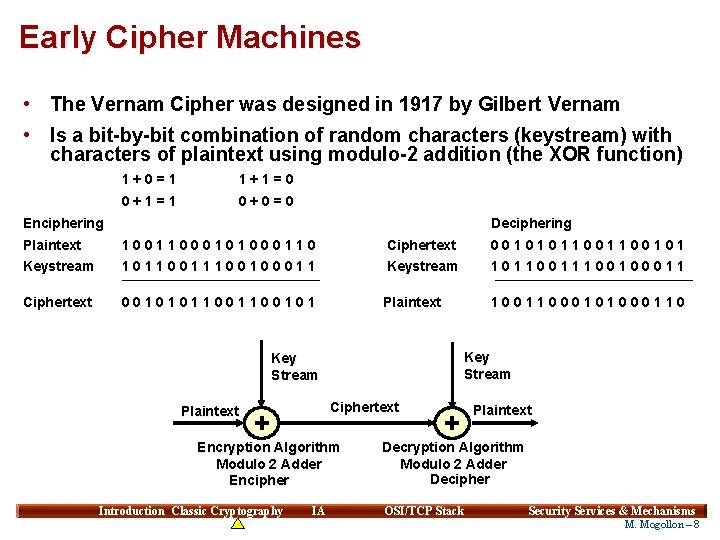 Early Cipher Machines • The Vernam Cipher was designed in 1917 by Gilbert Vernam