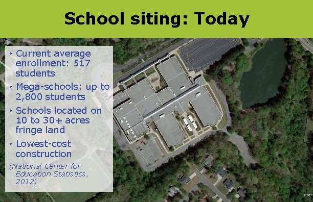 School siting: Today • Current average enrollment: 517 students • Mega-schools: up to 2,