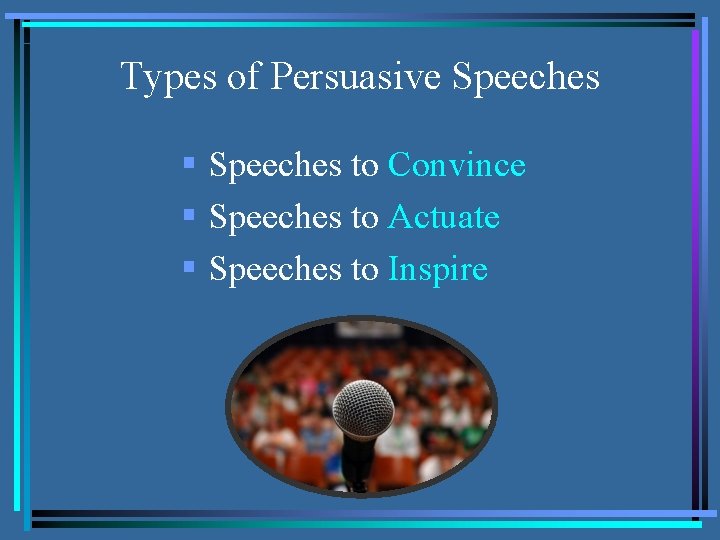 Types of Persuasive Speeches § Speeches to Convince § Speeches to Actuate § Speeches