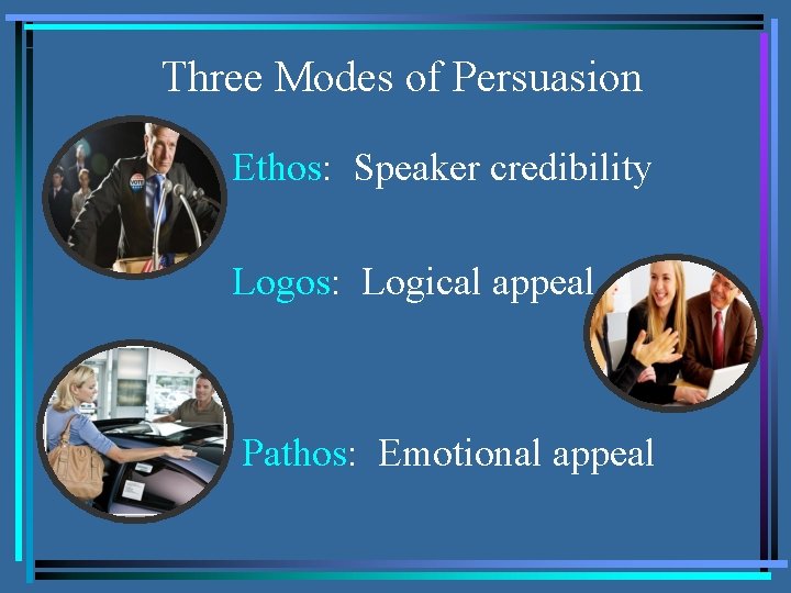 Three Modes of Persuasion § Ethos: Speaker credibility Logos: Logical appeal Pathos: Emotional appeal
