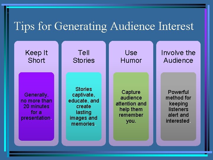 Tips for Generating Audience Interest Keep It Short Tell Stories Use Humor Involve the
