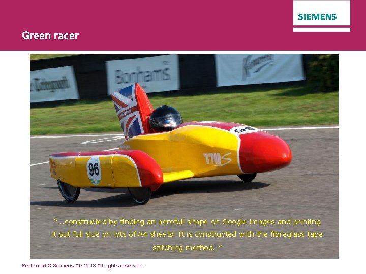 Green racer “. . . constructed by finding an aerofoil shape on Google images