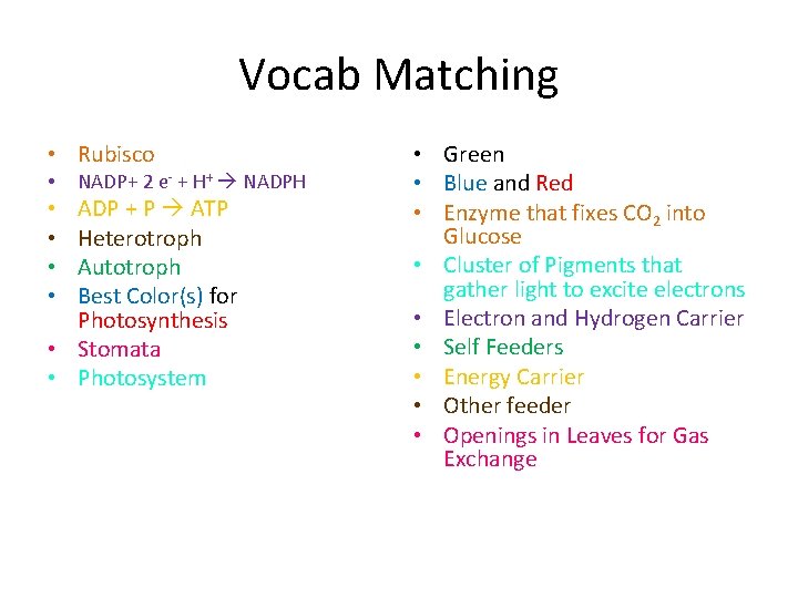 Vocab Matching • Rubisco • NADP+ 2 e- + H+ NADPH ADP + P