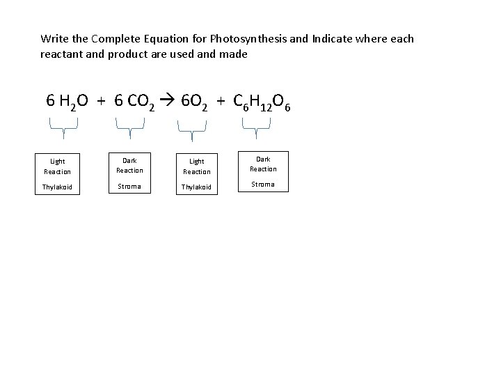 Write the Complete Equation for Photosynthesis and Indicate where each reactant and product are
