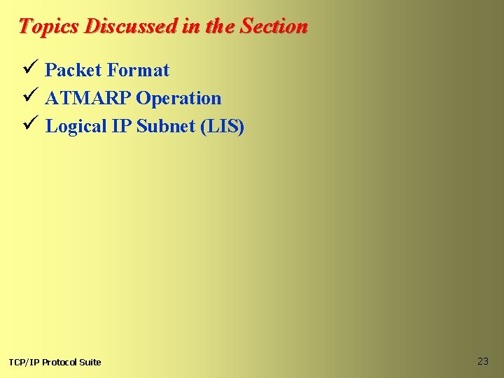 Topics Discussed in the Section ü Packet Format ü ATMARP Operation ü Logical IP