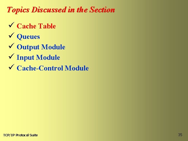 Topics Discussed in the Section ü Cache Table ü Queues ü Output Module ü