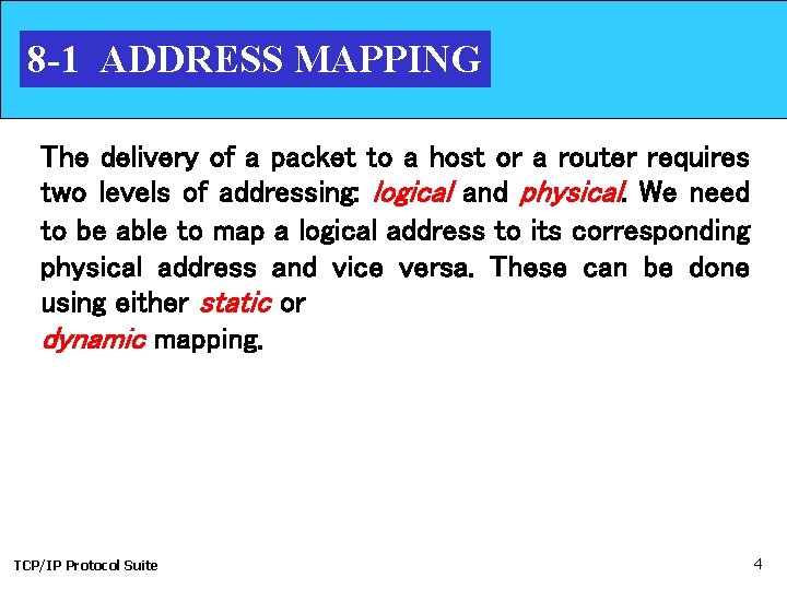 8 -1 ADDRESS MAPPING The delivery of a packet to a host or a