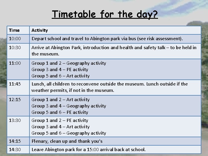 Timetable for the day? Time Activity 10: 00 Depart school and travel to Abington