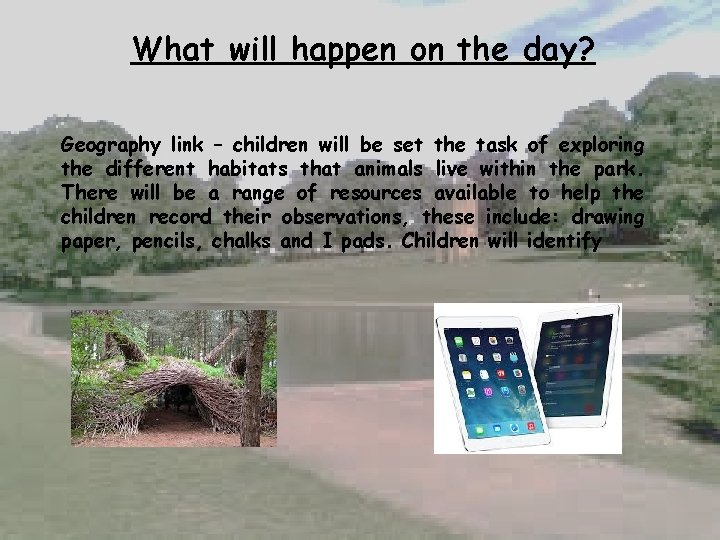 What will happen on the day? Geography link – children will be set the