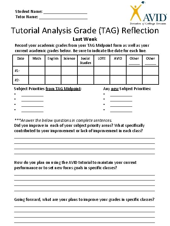 Student Name: __________ Tutor Name: ___________ Tutorial Analysis Grade (TAG) Reflection Last Week Record