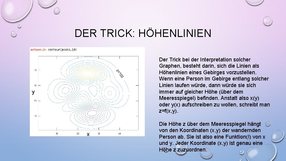 DER TRICK: HÖHENLINIEN 0 10 z= y x Der Trick bei der Interpretation solcher