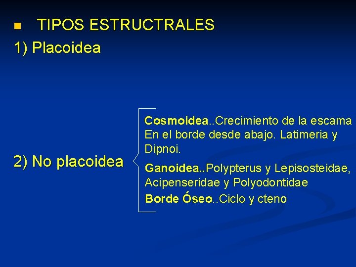 TIPOS ESTRUCTRALES 1) Placoidea n 2) No placoidea Cosmoidea. . Crecimiento de la escama