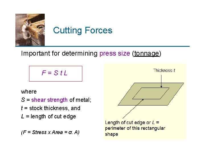 Cutting Forces Important for determining press size (tonnage) F=St. L where S = shear