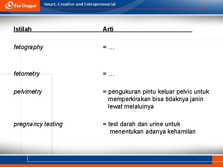 Istilah Arti fetography =… fetometry =… pelvimetry = pengukuran pintu keluar pelvic untuk memperkirakan