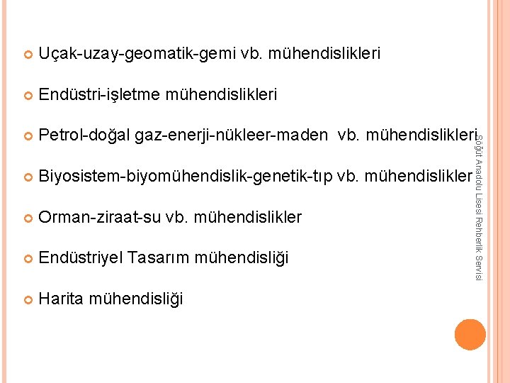 Uçak-uzay-geomatik-gemi vb. mühendislikleri Endüstri-işletme mühendislikleri Petrol-doğal gaz-enerji-nükleer-maden vb. mühendislikleri Biyosistem-biyomühendislik-genetik-tıp vb. mühendislikler Orman-ziraat-su vb.