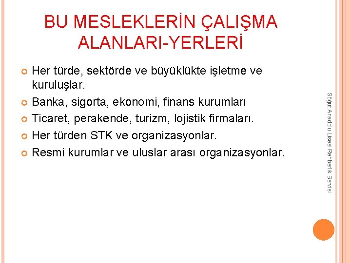 BU MESLEKLERİN ÇALIŞMA ALANLARI-YERLERİ Her türde, sektörde ve büyüklükte işletme ve kuruluşlar. Banka, sigorta,