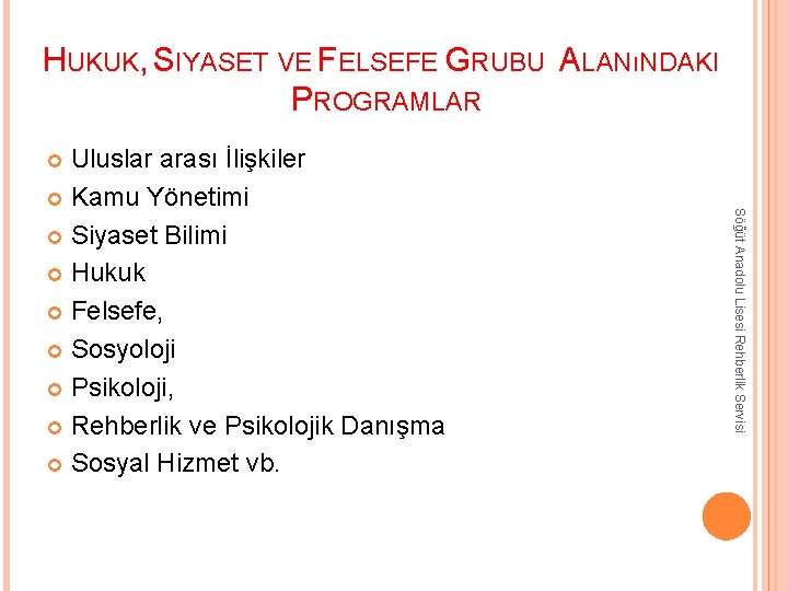 HUKUK, SIYASET VE FELSEFE GRUBU ALANıNDAKI PROGRAMLAR Uluslar arası İlişkiler Kamu Yönetimi Siyaset Bilimi