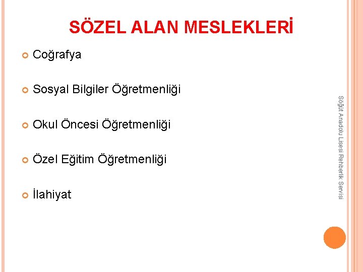 SÖZEL ALAN MESLEKLERİ Coğrafya Sosyal Bilgiler Öğretmenliği Okul Öncesi Öğretmenliği Özel Eğitim Öğretmenliği İlahiyat