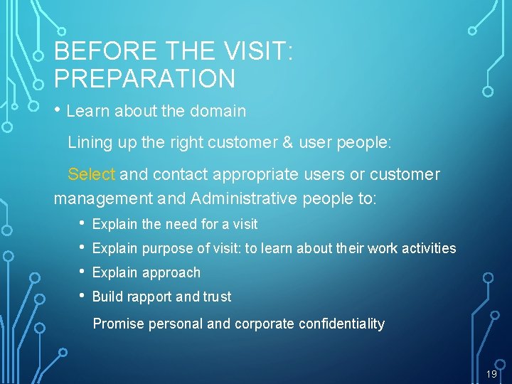 BEFORE THE VISIT: PREPARATION • Learn about the domain Lining up the right customer