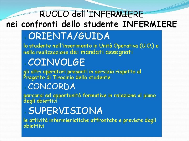 RUOLO dell'INFERMIERE nei confronti dello studente INFERMIERE ORIENTA/GUIDA lo studente nell'inserimento in Unità Operativa