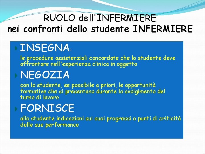 RUOLO dell'INFERMIERE nei confronti dello studente INFERMIERE INSEGNA: le procedure assistenziali concordate che lo