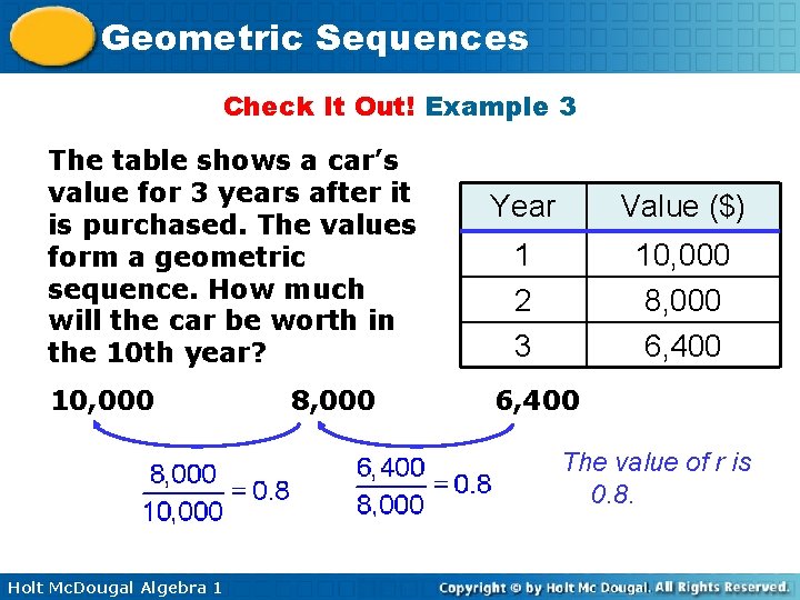 Geometric Sequences Check It Out! Example 3 The table shows a car’s value for