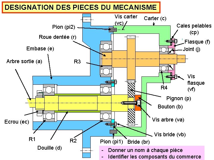 DESIGNATION DES PIECES DU MECANISME Pion (pi 2) Vis carter (vc) Carter (c) Cales