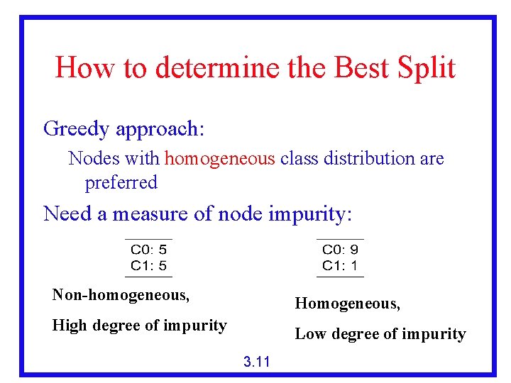 How to determine the Best Split Greedy approach: Nodes with homogeneous class distribution are