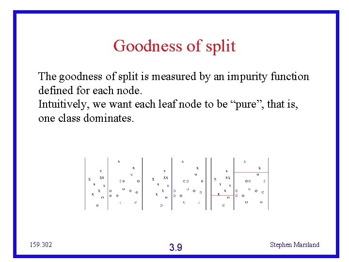 Goodness of split The goodness of split is measured by an impurity function defined