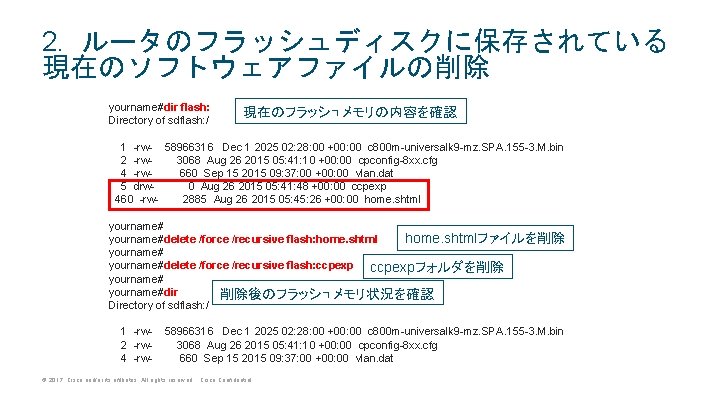 2. ルータのフラッシュディスクに保存されている 現在のソフトウェアファイルの削除 yourname#dir flash: Directory of sdflash: / 現在のフラッシュメモリの内容を確認 1 -rw- 58966316 Dec 2. ルータのフラッシュディスクに保存されている 現在のソフトウェアファイルの削除 yourname#dir flash: Directory of sdflash: / 現在のフラッシュメモリの内容を確認 1 -rw- 58966316 Dec