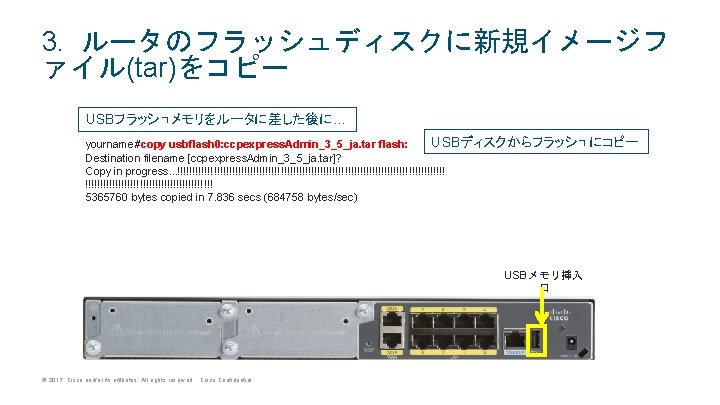 3. ルータのフラッシュディスクに新規イメージフ ァイル(tar)をコピー USBフラッシュメモリをルータに差した後に… USBディスクからフラッシュにコピー yourname#copy usbflash 0: ccpexpress. Admin_3_5_ja. tar flash: Destination filename 3. ルータのフラッシュディスクに新規イメージフ ァイル(tar)をコピー USBフラッシュメモリをルータに差した後に… USBディスクからフラッシュにコピー yourname#copy usbflash 0: ccpexpress. Admin_3_5_ja. tar flash: Destination filename