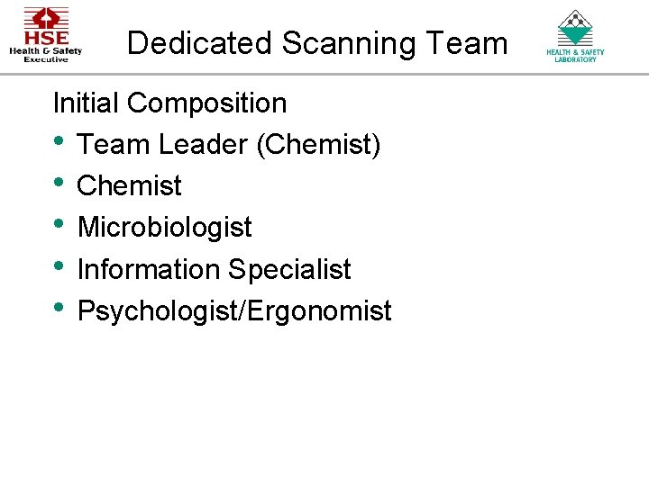 Dedicated Scanning Team Initial Composition • Team Leader (Chemist) • Chemist • Microbiologist • Dedicated Scanning Team Initial Composition • Team Leader (Chemist) • Chemist • Microbiologist •