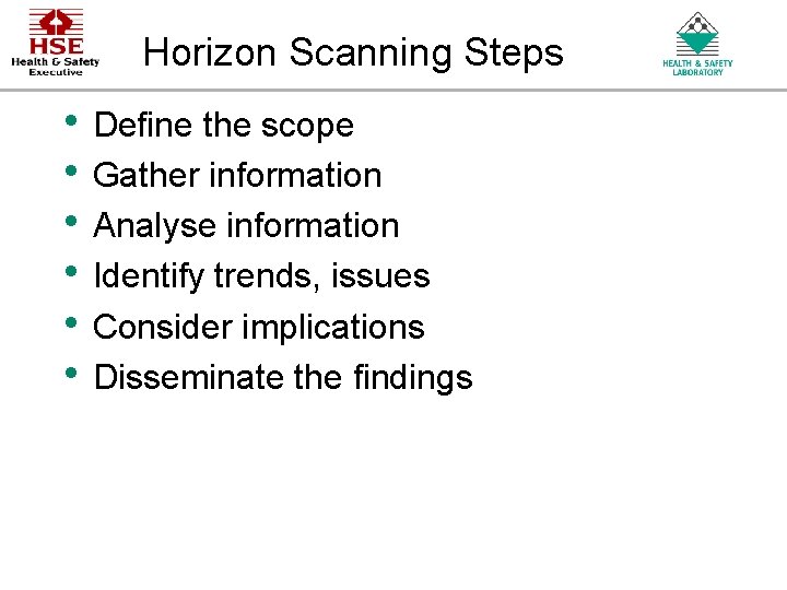 Horizon Scanning Steps • Define the scope • Gather information • Analyse information • Horizon Scanning Steps • Define the scope • Gather information • Analyse information •