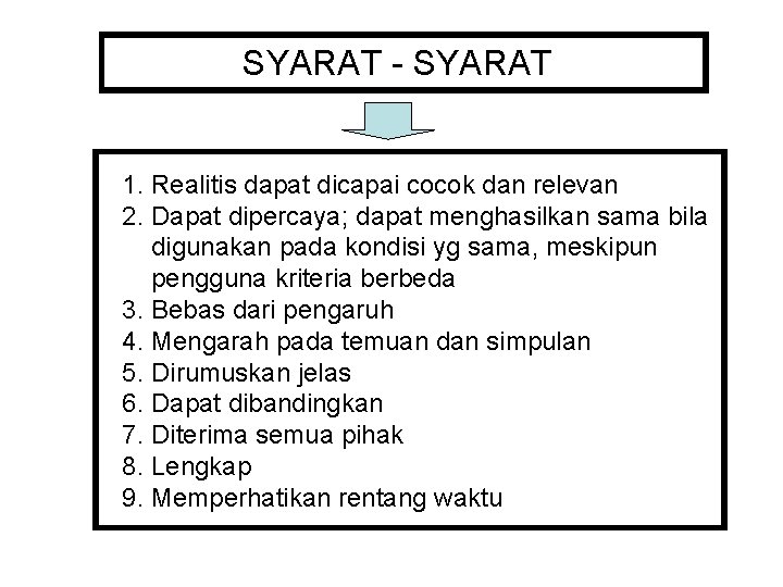 SYARAT - SYARAT 1. Realitis dapat dicapai cocok dan relevan 2. Dapat dipercaya; dapat