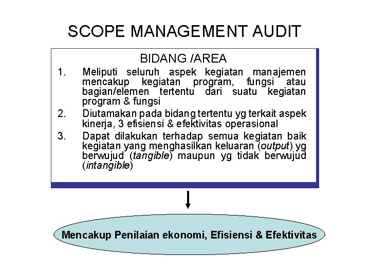 SCOPE MANAGEMENT AUDIT BIDANG /AREA 1. 2. 3. Meliputi seluruh aspek kegiatan manajemen mencakup
