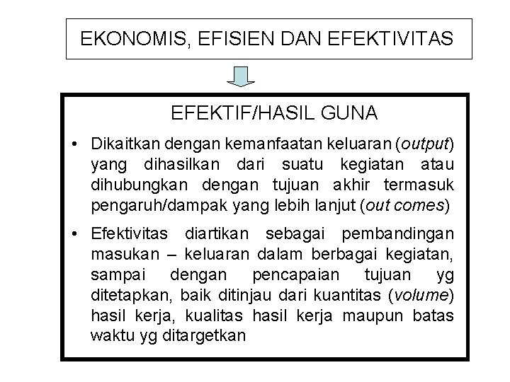 EKONOMIS, EFISIEN DAN EFEKTIVITAS EFEKTIF/HASIL GUNA • Dikaitkan dengan kemanfaatan keluaran (output) yang dihasilkan