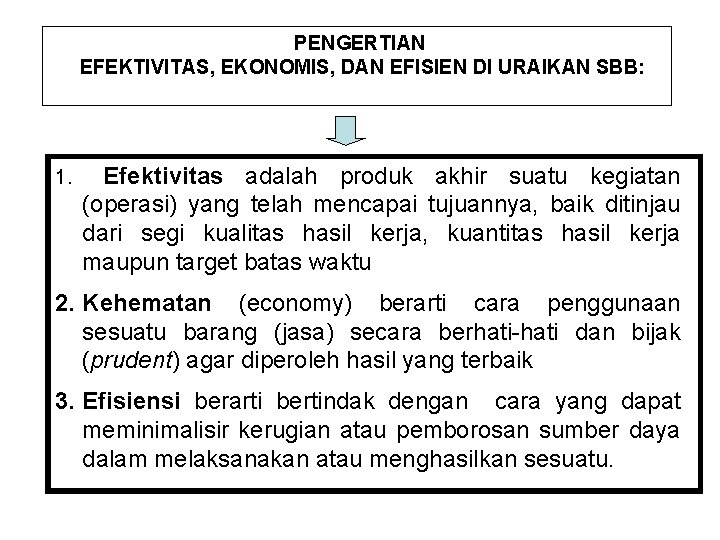 PENGERTIAN EFEKTIVITAS, EKONOMIS, DAN EFISIEN DI URAIKAN SBB: 1. Efektivitas adalah produk akhir suatu