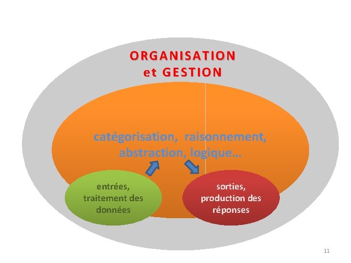 ORGANISATION et GESTION catégorisation, raisonnement, abstraction, logique… entrées, traitement des données sorties, production des