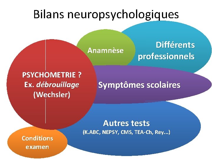 Bilans neuropsychologiques Anamnèse PSYCHOMETRIE ? Ex. débrouillage (Wechsler) Différents professionnels Symptômes scolaires Autres tests