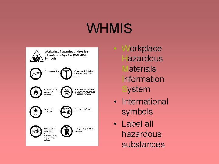 WHMIS • Workplace Hazardous Materials Information System • International symbols • Label all hazardous WHMIS • Workplace Hazardous Materials Information System • International symbols • Label all hazardous