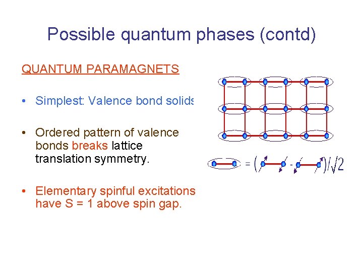 Possible quantum phases (contd) QUANTUM PARAMAGNETS • Simplest: Valence bond solids. • Ordered pattern