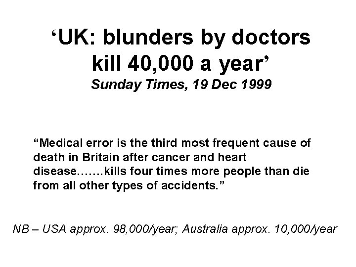 ‘UK: blunders by doctors kill 40, 000 a year’ Sunday Times, 19 Dec 1999