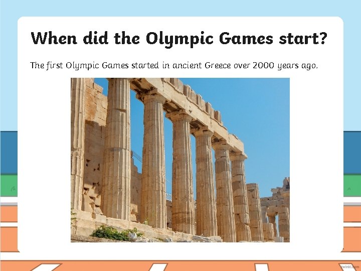 When did the Olympic Games start? The first Olympic Games started in ancient Greece