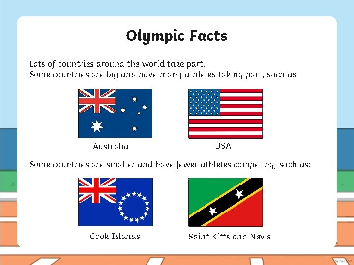 Olympic Facts Lots of countries around the world take part. Some countries are big