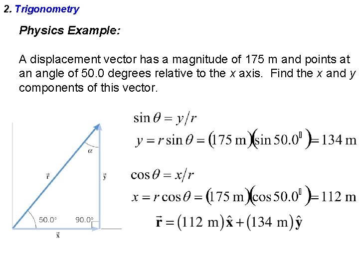 2. Trigonometry Physics Example: A displacement vector has a magnitude of 175 m and