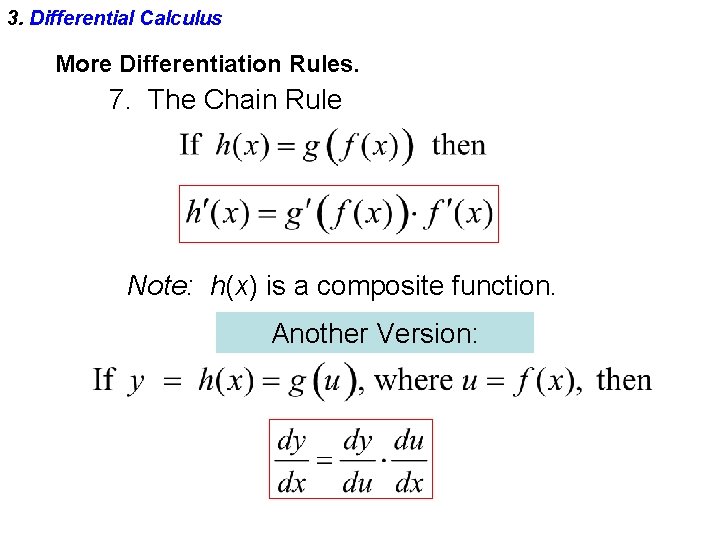 3. Differential Calculus More Differentiation Rules. 7. The Chain Rule Note: h(x) is a