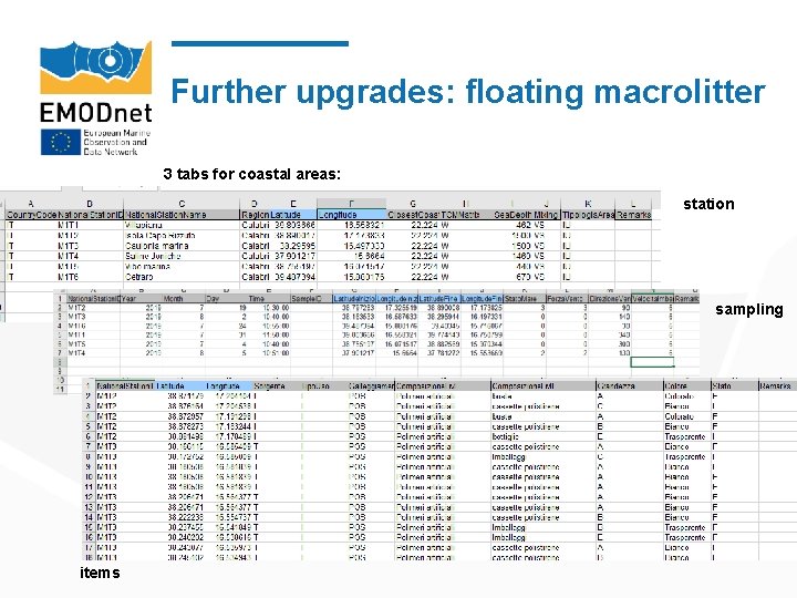 Further upgrades: floating macrolitter 3 tabs for coastal areas: station sampling items 