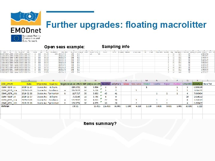 Further upgrades: floating macrolitter Open seas example: Sampling info Items summary? 