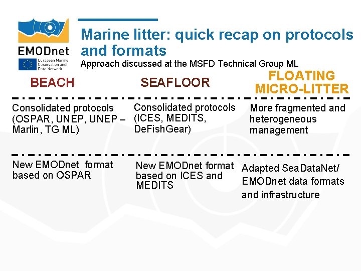 Marine litter: quick recap on protocols and formats Approach discussed at the MSFD Technical